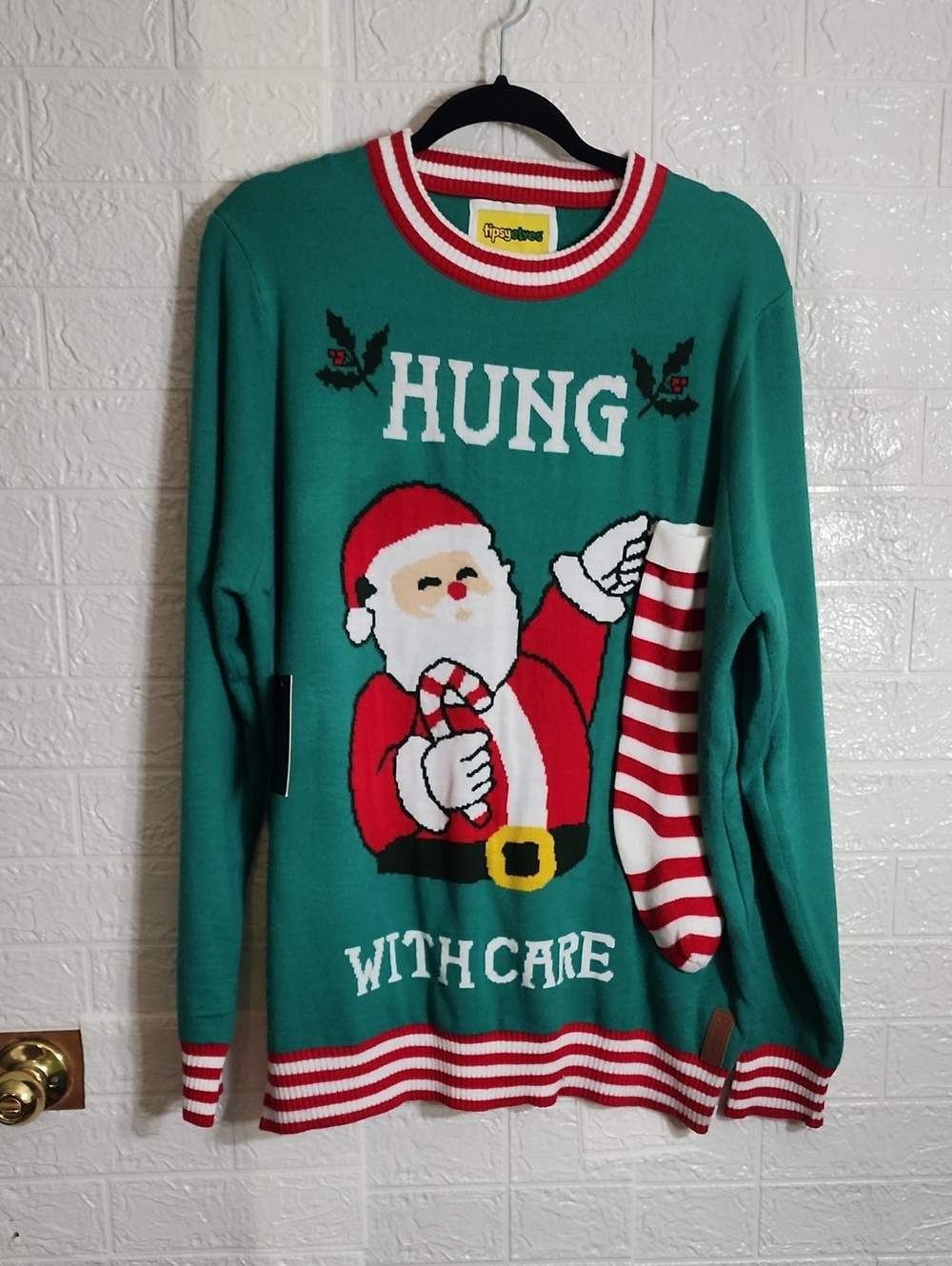 Tipsy Elves Green Santa 'Hung With Care' Women's Holiday Sweater